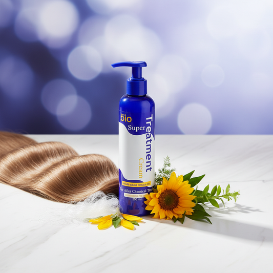 Green Bio Super Treatment Cream 250ml hero product image on marble with silk threads, sunflower petals and botanical leaves