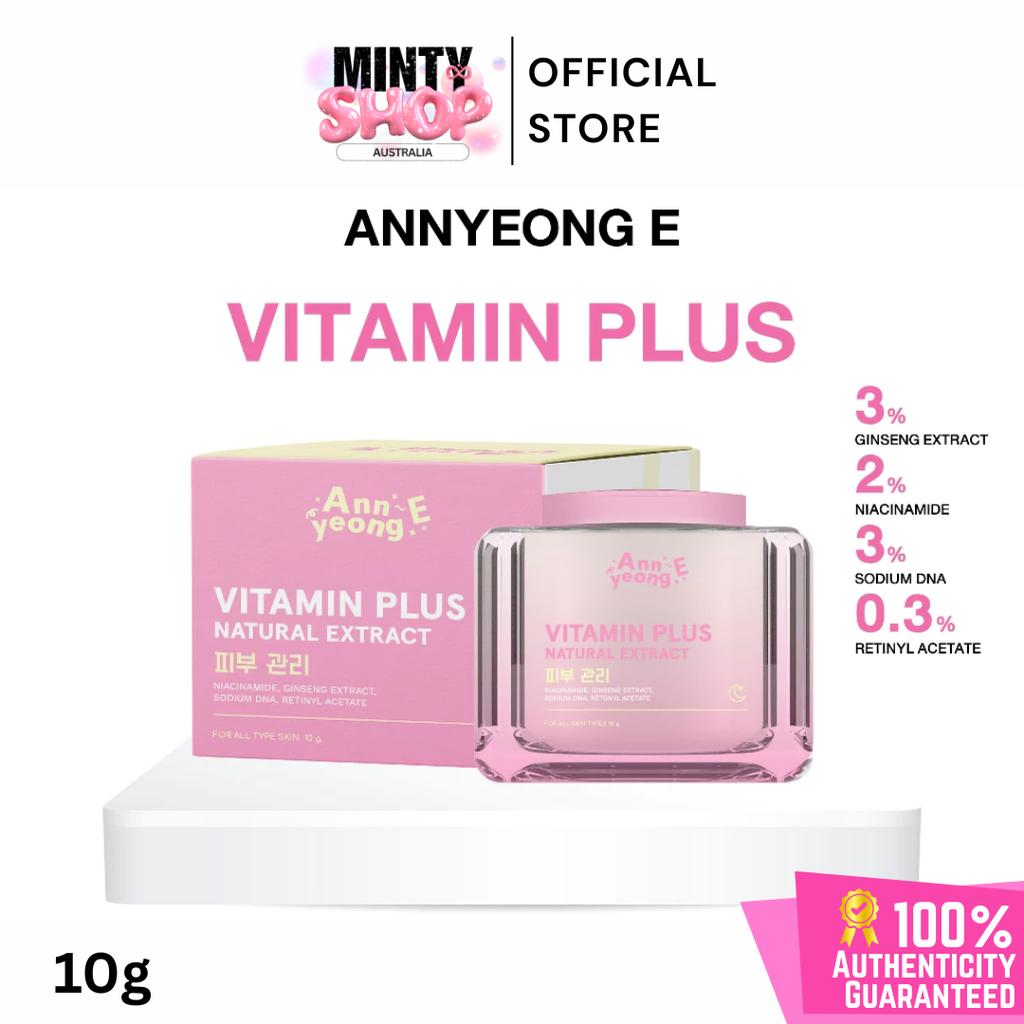 Annyeong E Vitamin Plus product packaging with branding and product details on a white background.