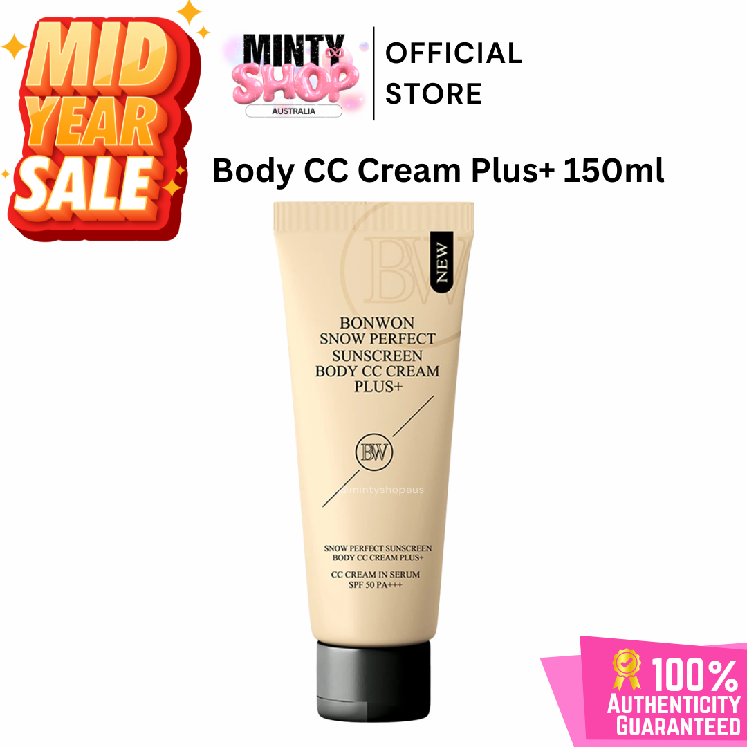 Bonwon Snow Perfect Sunscreen Body CC Cream Plus 150ml with Mid Year Sale and Minty Shop branding on a white background.