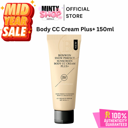 Bonwon Snow Perfect Sunscreen Body CC Cream Plus 150ml with Mid Year Sale and Minty Shop branding on a white background.
