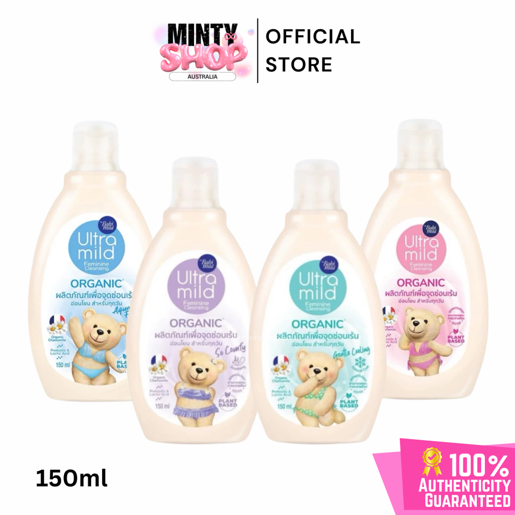 Four bottles of Ultra Mild Organic baby products with bear illustrations on a white background, featuring the Minty Shop Australia branding.