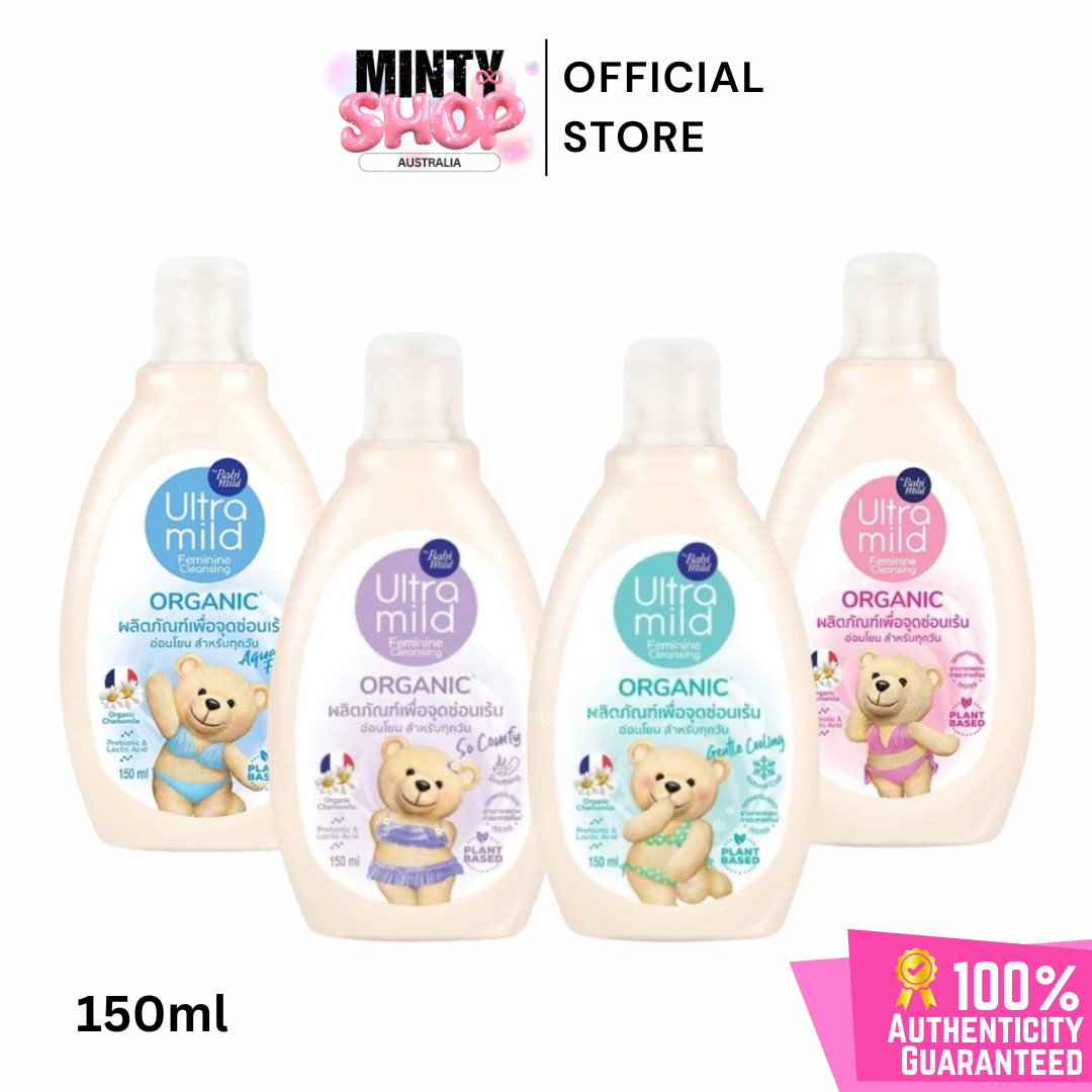 Four bottles of Ultra Mild Organic baby products with bear illustrations on a white background, featuring the Minty Shop Australia branding.