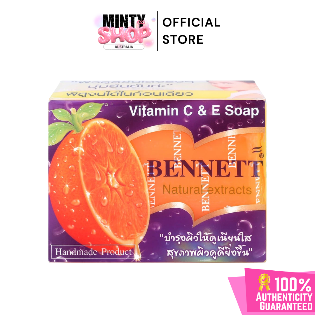 Bennett Vitamin C & E Soap packaging with an orange illustration on a white background.