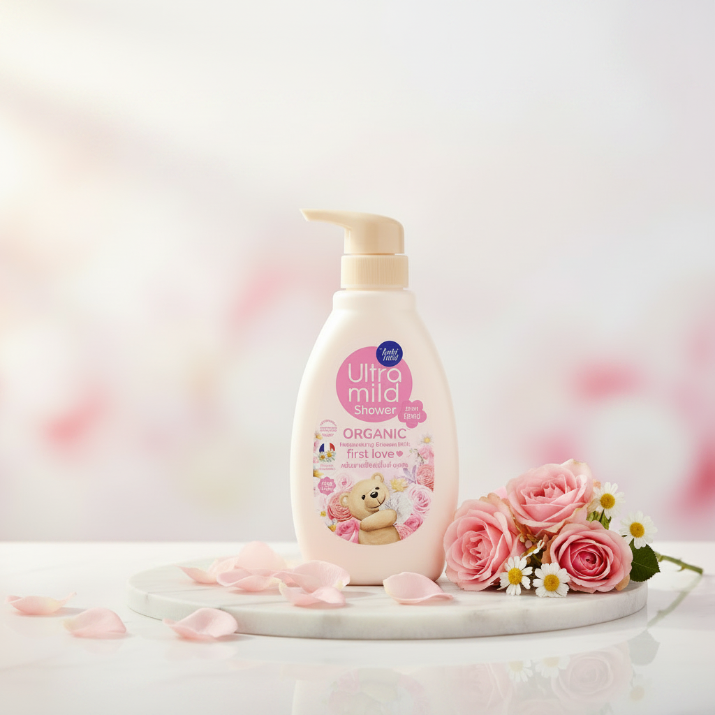 Babi Mild Ultra Mild First Love Bath 380ml hero product image on marble with pink roses