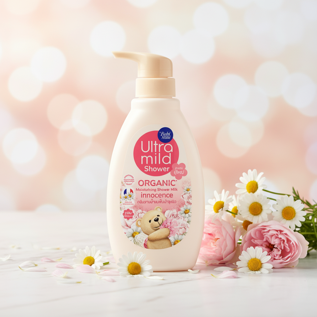 Babi Mild Ultra Mild Innocence Bath 380ml hero product image on marble with white chamomile and pink flowers