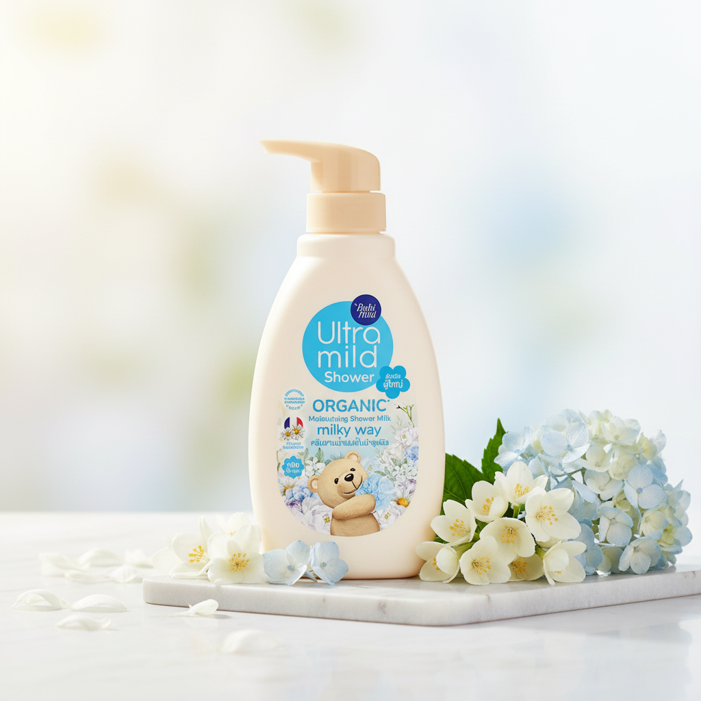 Babi Mild Ultra Mild Milky Way Bath 380ml hero product image on marble with white jasmine and blue hydrangea flowers