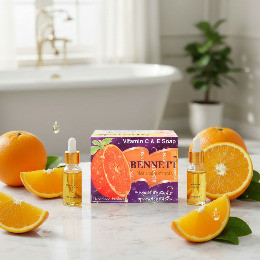 BENNETT Vitamin C & E Soap displayed on a marble bathroom surface with fresh oranges and green leaves