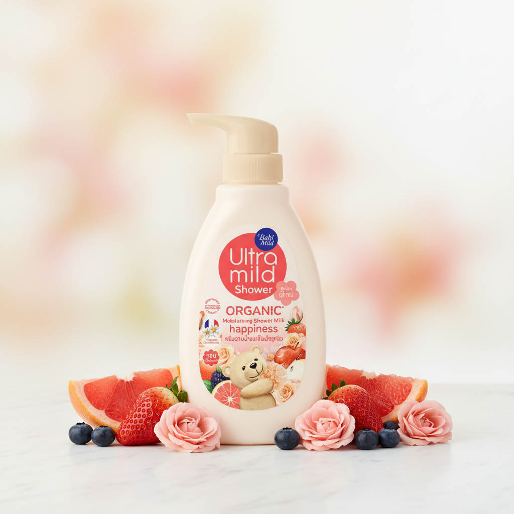 Babi Mild Ultra Mild Happiness Bath 380ml hero product image on marble with fruits and pink roses