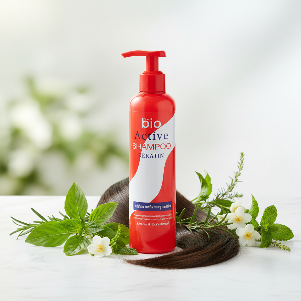 Green Bio Active Shampoo Keratin 250ml hero product image on marble with green botanical leaves and herbs