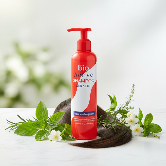 Green Bio Active Shampoo Keratin 250ml hero product image on marble with green botanical leaves and herbs