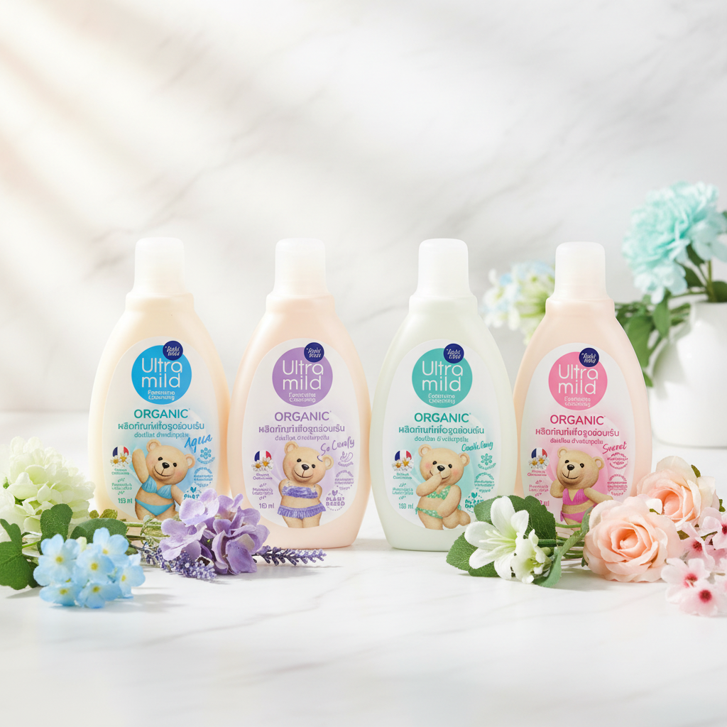 Babi Mild Ultra Mild Feminine Cleansing Organic 150ml all 4 variants hero product image on marble with pastel flowers