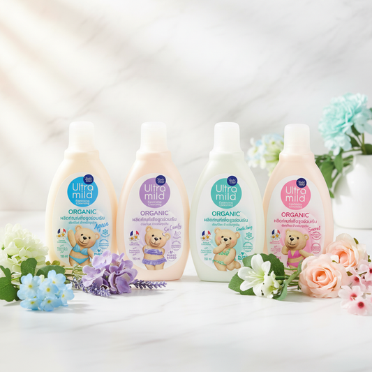 Babi Mild Ultra Mild Feminine Cleansing Organic 150ml all 4 variants hero product image on marble with pastel flowers